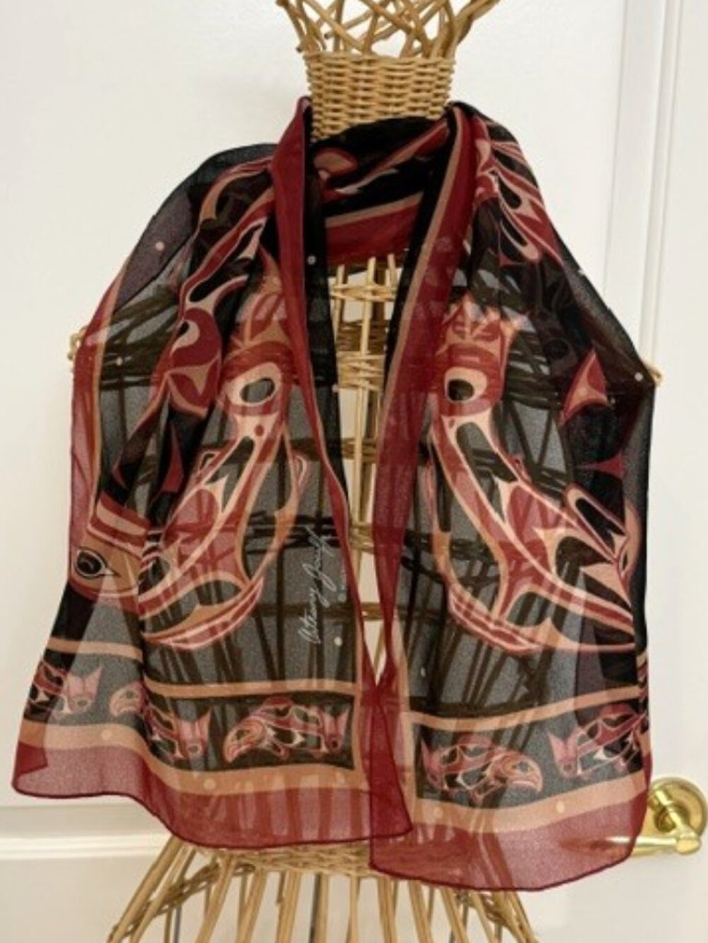 Anthony Joseph magenta orca themed oblong scarf.